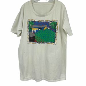 Vintage Todd Parr Artist Mens XL White Cat Clocks Tee Shirt 90s 1991